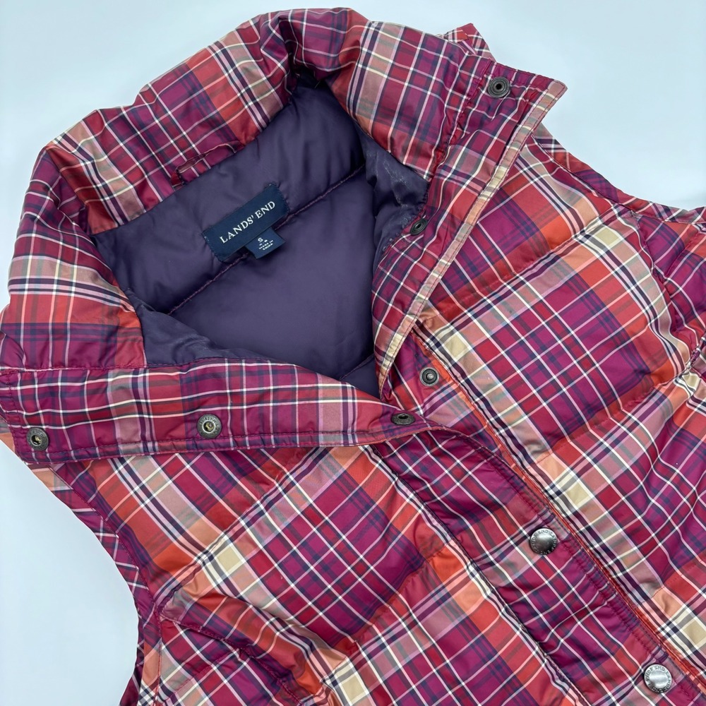 Lands End Womens Plaid Puffer Vest Down Filled Snap Front Collared Size S